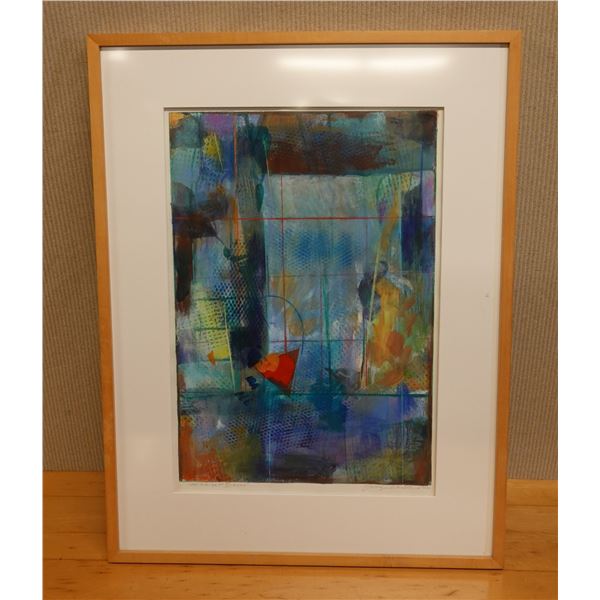 Abstract Midnight Blue Artwork Signed by Artist George Wolland (?), 29" x 38" Framed & Matted