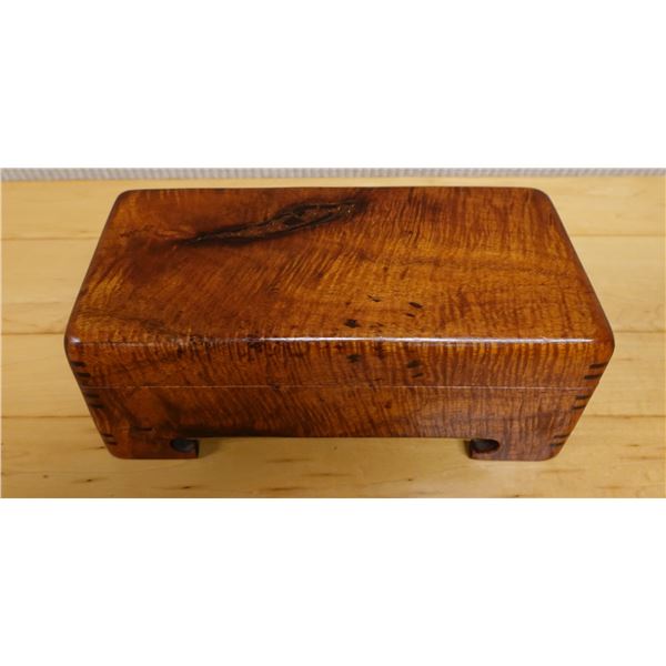 Curly Koa Wooden Box w/ Hinged Lid & Fabric Interior Stamped by Artist Tsumoto