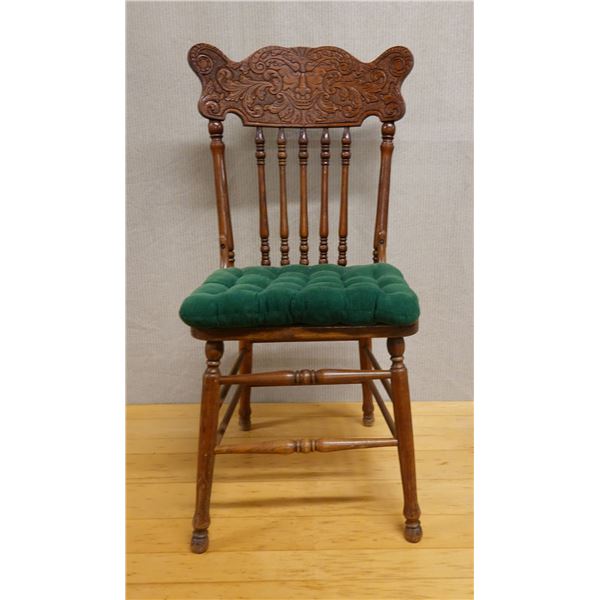 Carved Wooden Chair w/ Woven Seat, Spindle Back & Green Seat Cushion 16" x 15" x 38"H