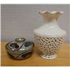 Image 1 : Ceramic Bowl w/ Lid & White Vase w/ Cut-Out Design, Misc Sizes