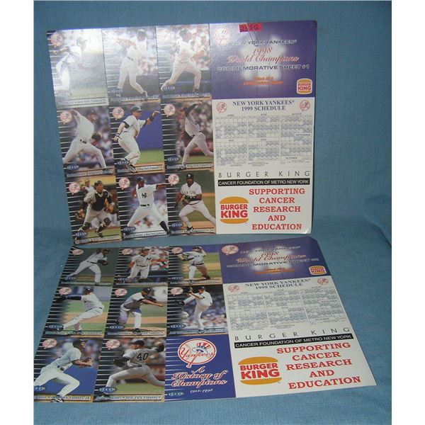 NY Yankees 1998 world champions pair of baseball card uncut sheets