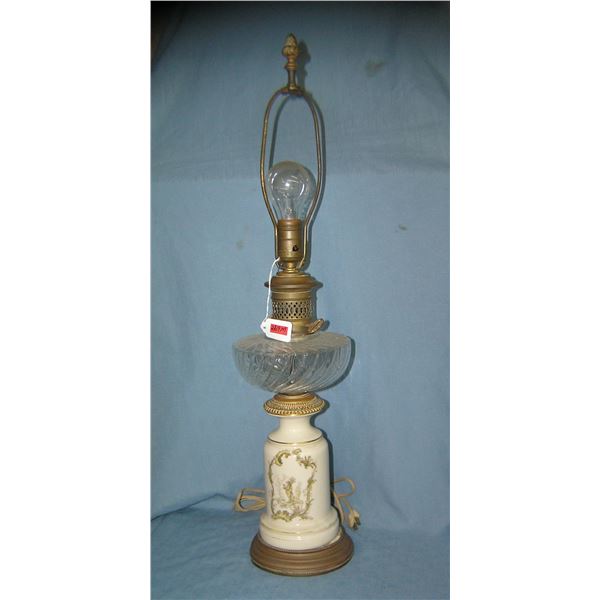 Antique crystal, porcelain and brass table lamp