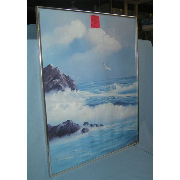 Framed aluminum and glass ocean scene art work