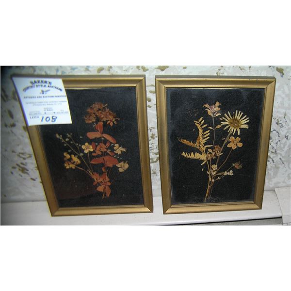 Pair of leaf decorated art pieces both framed