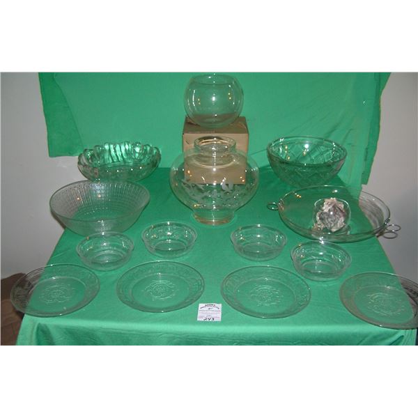 Large box of serving bowls, serving pieces and more