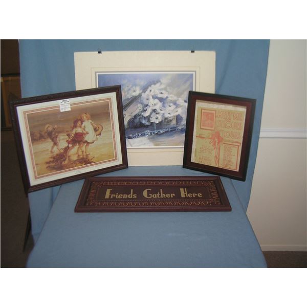 Group of pictures, prints, sheet music and sign