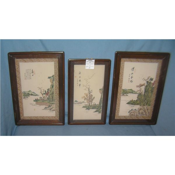 Group of 3 Asian silk framed panels
