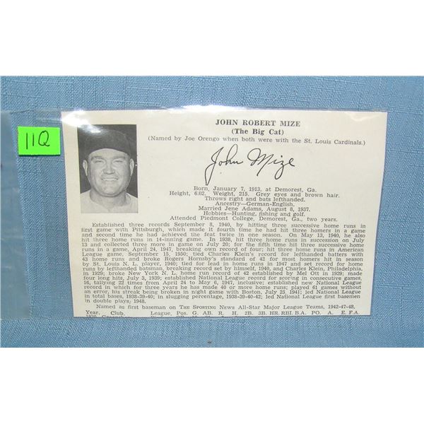 Johnny Mize & Saturnino Minoso baseball photo card