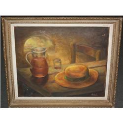 Framed Oil of a Hat on a table