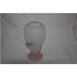 Pink & White Cracked Glass Vase W/Pink Glass Rope