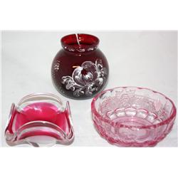 3 Pc. Art Glass--c.1900 Czech Ruby Glass w/ Enamel