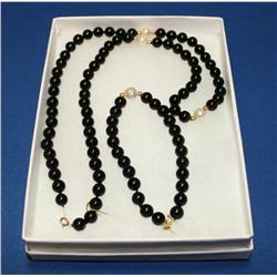 14K Gold Onyx & Pearl, Bracelet + Necklace Set