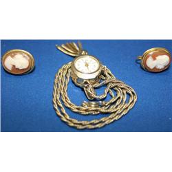 Vermeil 14kt Hand Carved Cameo Necklace & Earrings