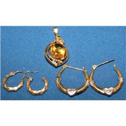 2.00Ctw AAA Citrine Pendant & Gold Ladies Earrings