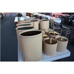 Table Lot Of Ice Buckets, Garbage Cans, Glasses