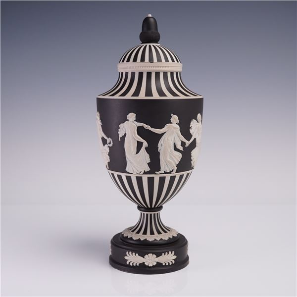 Wedgwood Black Jasperware Dip Covered Vase, Dancing Hours