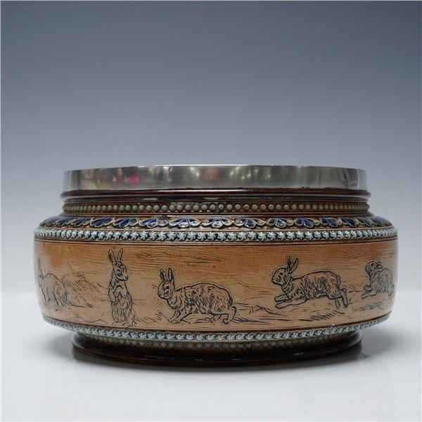 Doulton Lambeth Hannah Barlow Stoneware Sterling Silver Rabbit Bowl