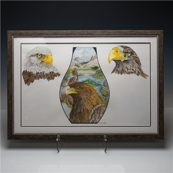 Moorcroft Framed Watercolor Painting by Paul Hilditch, On Eagles Wings