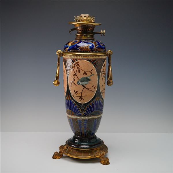 Doulton Lambeth Florence Barlow Stoneware and Brass Mounted Oil Lamp
