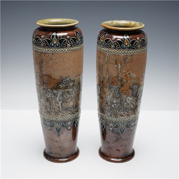 Pair of Royal Doulton Hannah Barlow Stoneware Cows & Girl with Kitten Vases