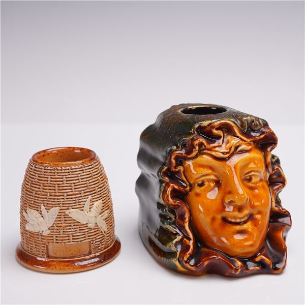 2pc Doulton Lambeth and Burslem Stoneware Matchstick and Candlestick Holder