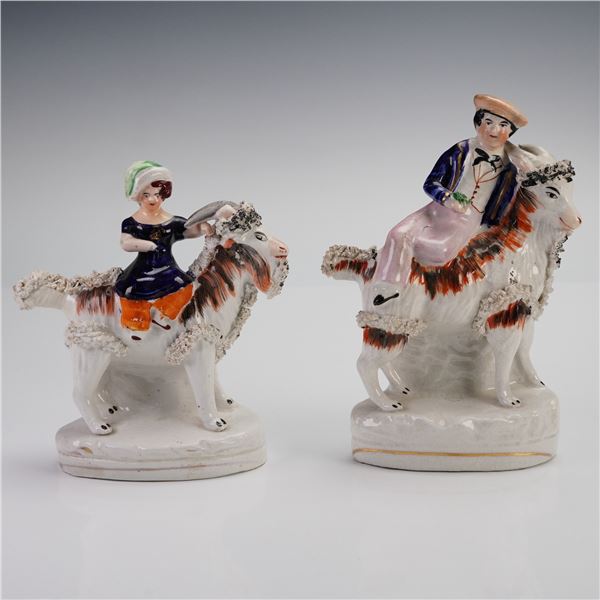 2pc Antique Staffordshire Pottery Children on Goat Figurines