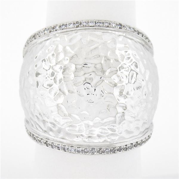 14K White Gold 0.39 ctw Hammered Finish w/ Diamond Sides Wide Dome Bombe Band Ri
