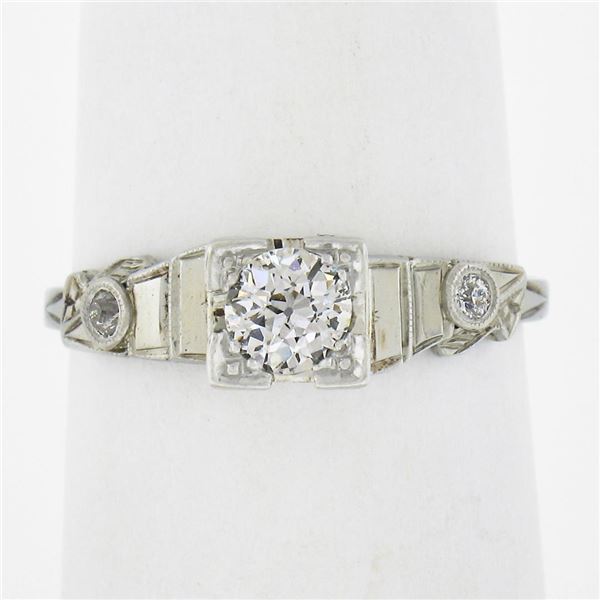 Art Deco 18k White Gold .40 ctw Old Cut Diamond Solitaire Engagement Promise Rin