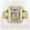 Image 8 : Men's Antique 14K Two Tone Gold Amethyst Detailed Engraved Masonic Band Ring