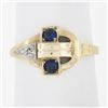 Vintage Retro 10K Gold Palladium .03 ctw Diamond & Sapphire Open Work Buckle Rin