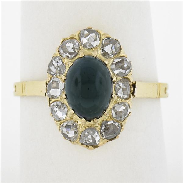 Antique Victorian 18k Gold Oval Cabochon Sapphire Old Rose Cut Diamond Halo Ring