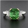 Image 3 : NEW Platinum & 14k Gold 4.39 ctw GIA Cushion Tsavorite & Emerald Cut Diamond Rin