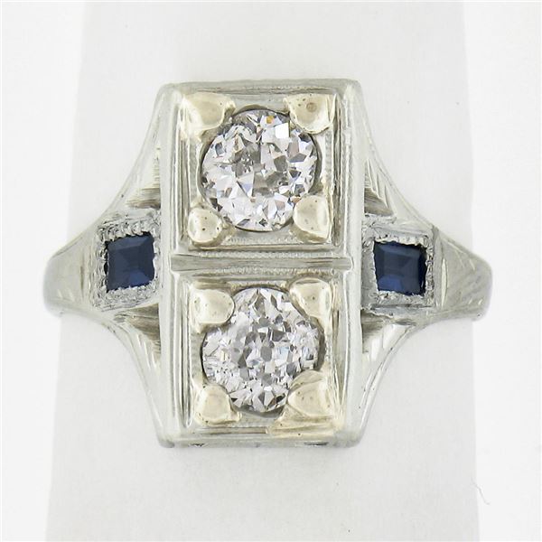Antique Art Deco 18K White Gold .55 ctw Diamond & Baguette Sapphire Filigree Rin