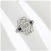 Image 3 : Antique Art Deco 18K White Gold .55 ctw Diamond & Baguette Sapphire Filigree Rin