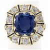 Image 2 : Vintage 14K Gold GIA Ceylon No Heat Cushion Sapphire & Diamond Halo Platter Ring