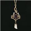 Image 2 : Antique 10K Gold Amethyst Seed Pearl Dangle Lavalier Pendant w/ 15" Wheat Chain