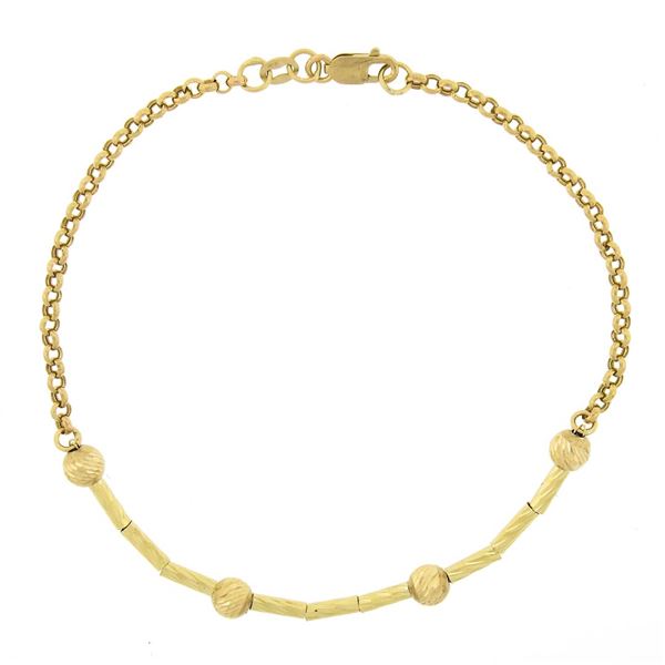 NEW 14k Gold 7.75" Etched Cylinder & Bead Slide Charm Rolo Link Chain Bracelet