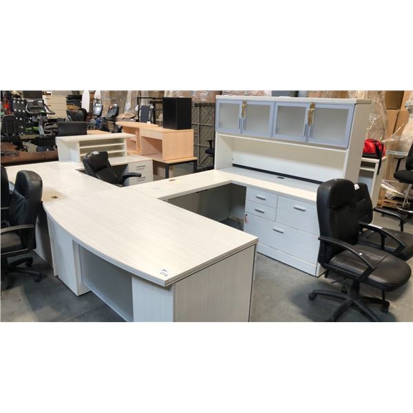 WHITE OAK 66" X 102" IN. BOW-FRONT U-SHAPE EXEC. DESK C/W HUTCH