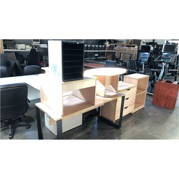 MAPLE COMPUTER DESK, 2 COFFEE TABLE, FILING CABINET, BOOKCASE AND BLACK ORGANIZER