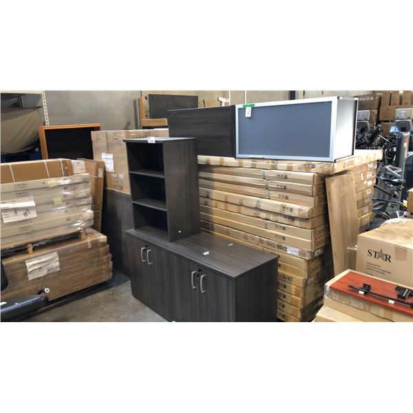 GREY 60" X 20" CREDENZA, HUTCH AND 2 OVER HEAD STORAGE UNITS