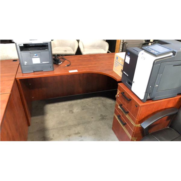 CHERRY 66" X 36" CORNER COUNTER DESK C/W 3-DRAWER MOBILE FILE CABINET