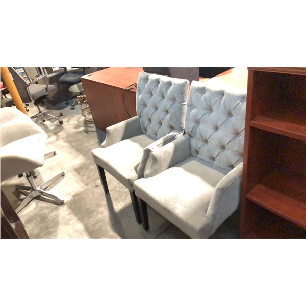 2 GREY WOODEN TUFTED ARM SIDE CHAIRS