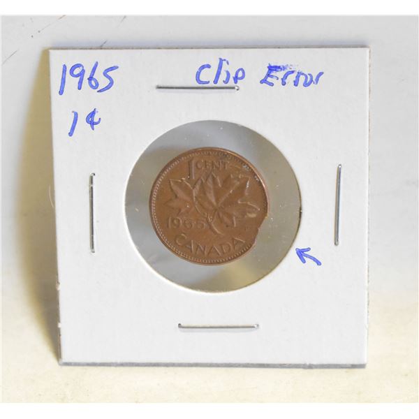 1965 CLIPPED RIM ERROR CANADA 1 CENT COIN
