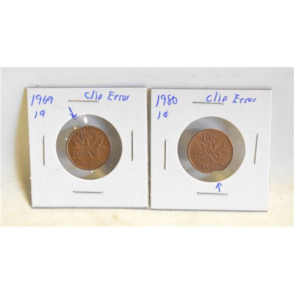1969 & 1980 CLIPPED RIM ERROR CANADA 1 CENT COINS