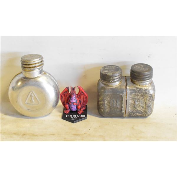 2 VINTAGE METAL CONTAINERS AND A DRAGON FIGURE