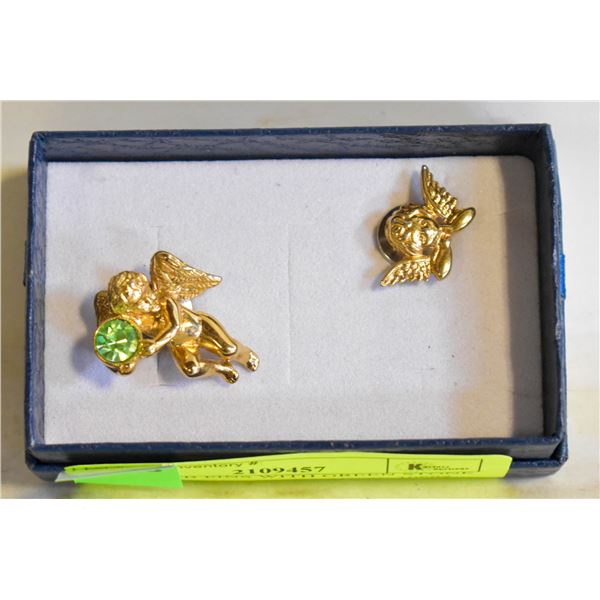 2 CHERUB PINS WITH GREEN STONE