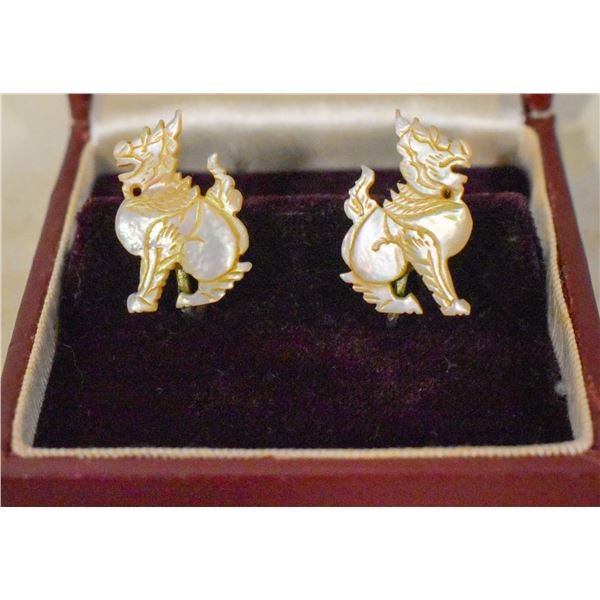 ANTIQUE FOO DOGS MOTHER OF PEARL EARRINGS