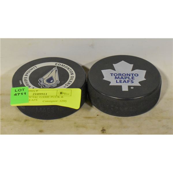 OILERS OFFICIAL GAME PUCK & TORONTO LEAFS