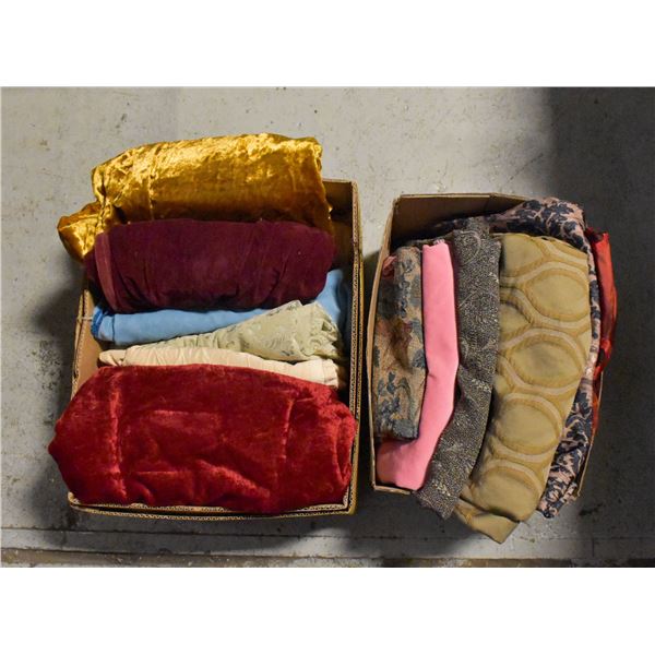2 BOXES OF HEAVY TEXTILES, VELVET, LINEN ETC