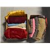 2 BOXES OF HEAVY TEXTILES, VELVET, LINEN ETC